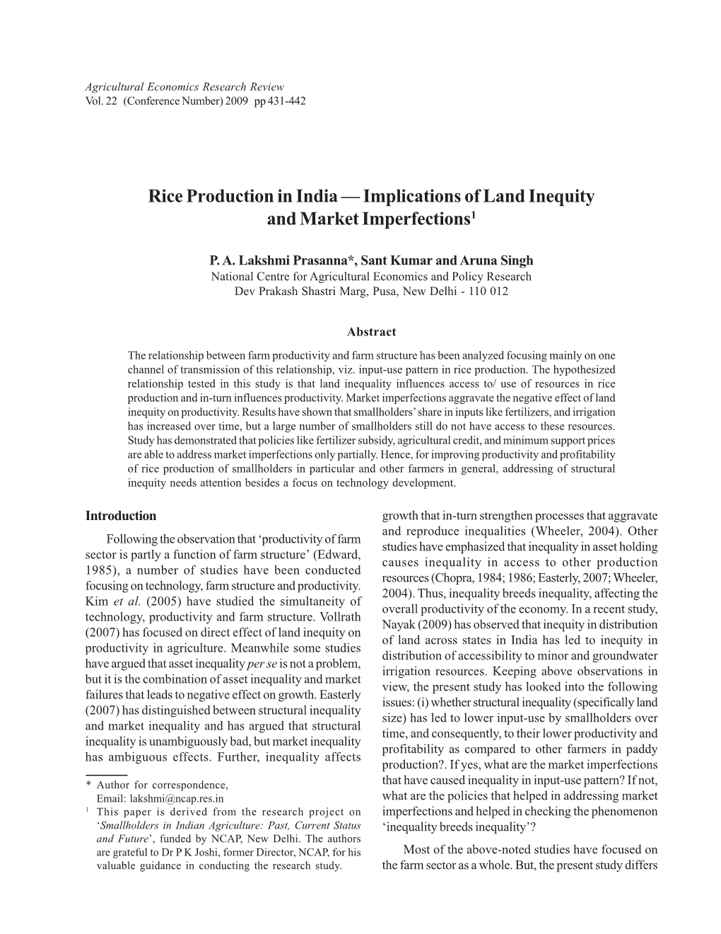 Rice Production in India — Implications of Land Inequity and Market Imperfections1