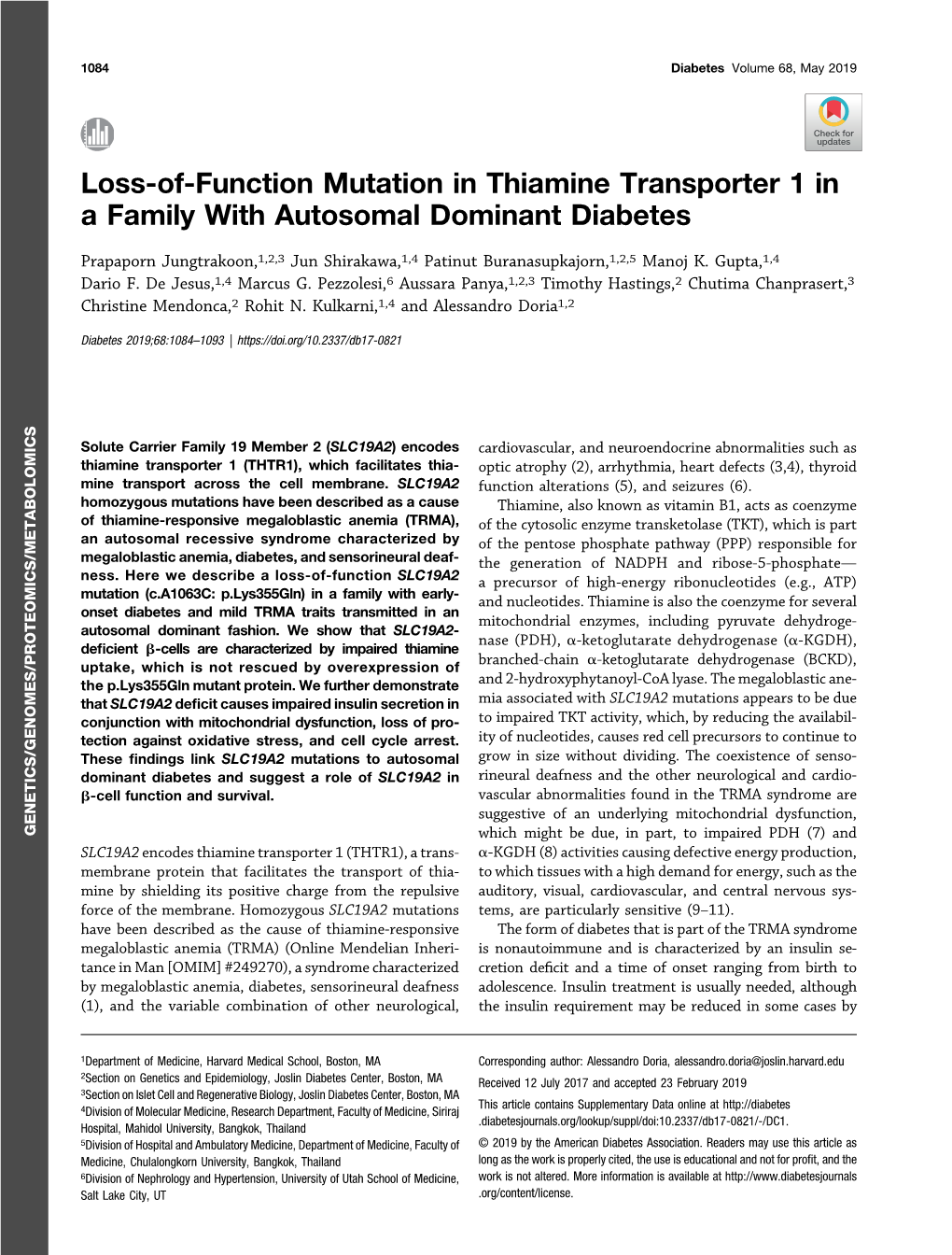 Loss-Of-Function Mutation in Thiamine Transporter 1 in a Family with Autosomal Dominant Diabetes