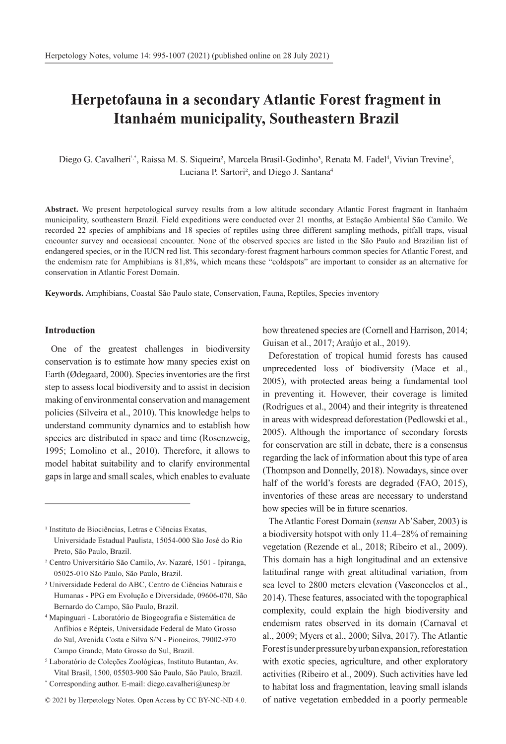 Herpetofauna in a Secondary Atlantic Forest Fragment in Itanhaém Municipality, Southeastern Brazil