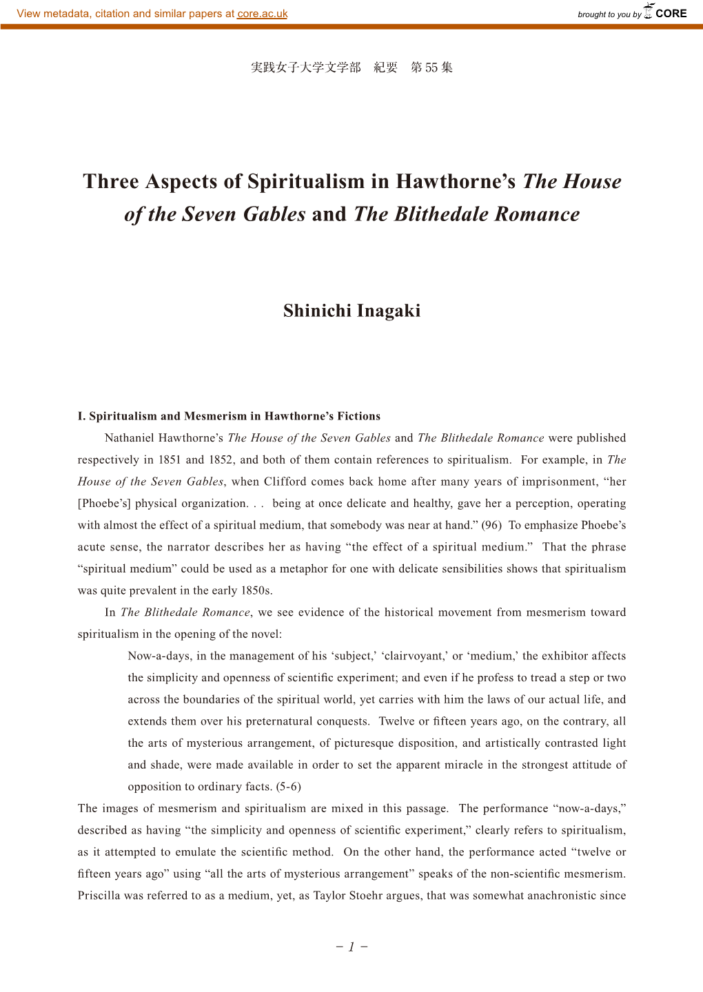 Three Aspects of Spiritualism in Hawthorne's the House of The