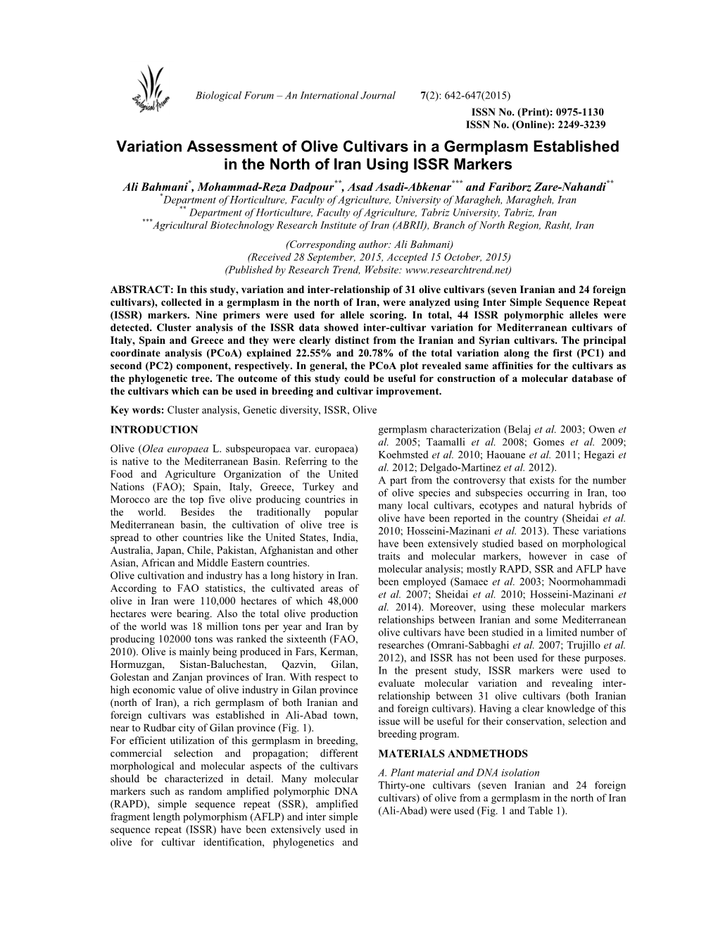 Variation Assessment of Olive Cultivars in a Germplasm