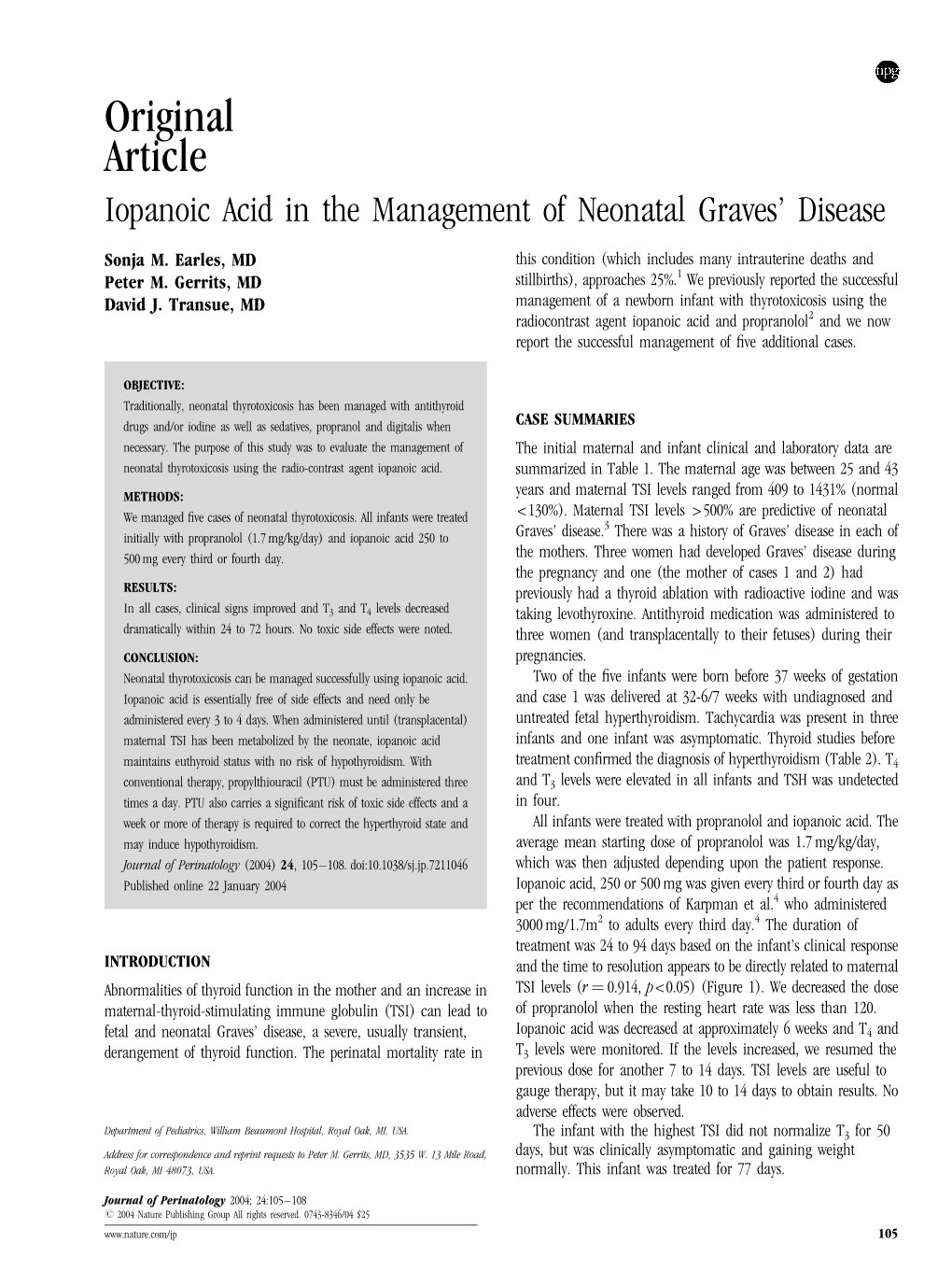 Original Article Iopanoic Acid in the Management of Neonatal Graves’ Disease