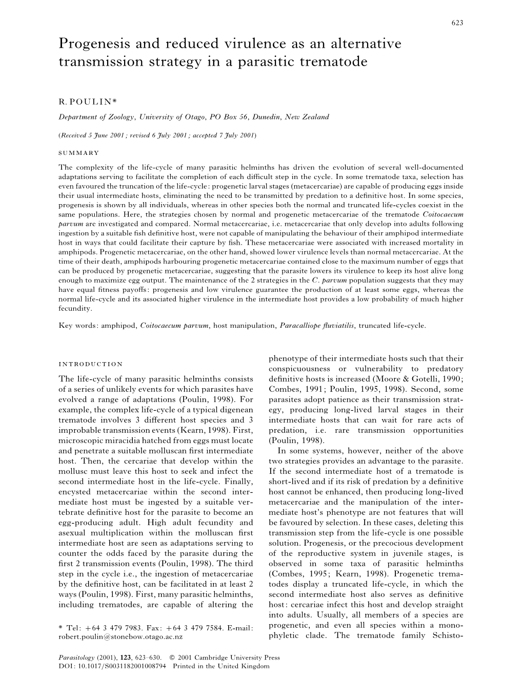 Progenesis and Reduced Virulence As an Alternative Transmission Strategy in a Parasitic Trematode