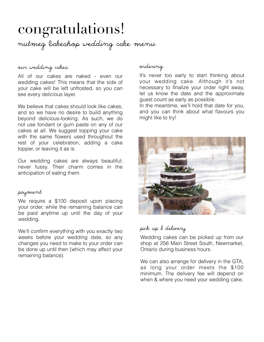 Congratulations! Nutmeg Bakeshop Wedding Cake Menu