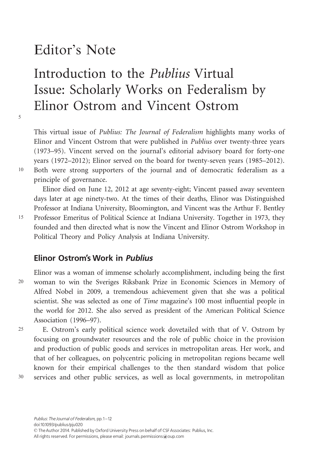 Scholarly Works on Federalism by Elinor Ostrom and Vincent Ostrom 5