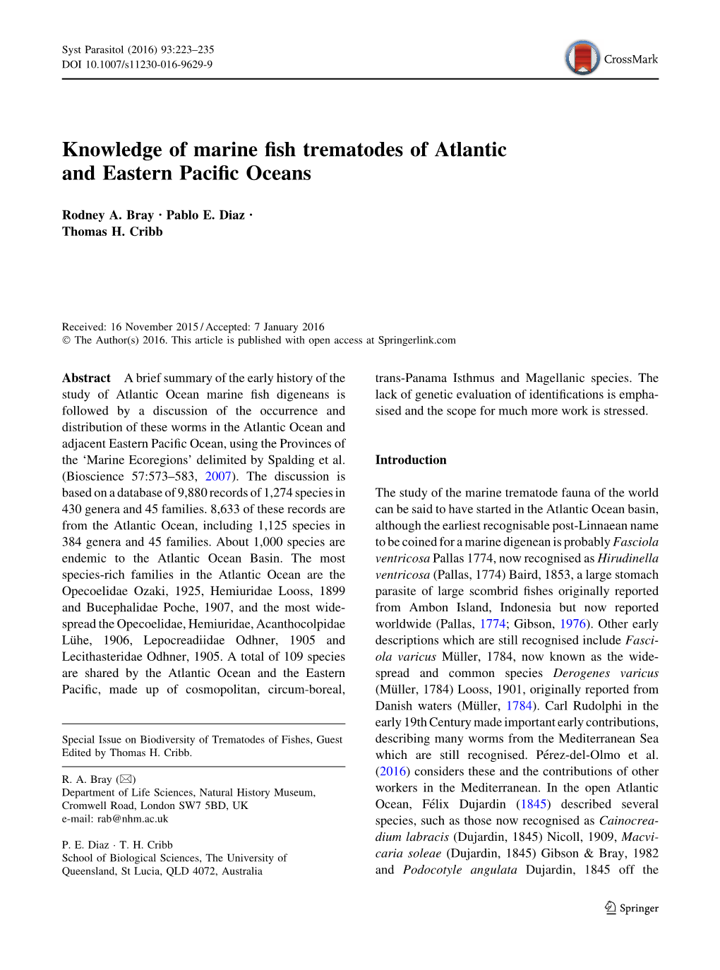 Knowledge of Marine Fish Trematodes of Atlantic and Eastern Pacific Oceans