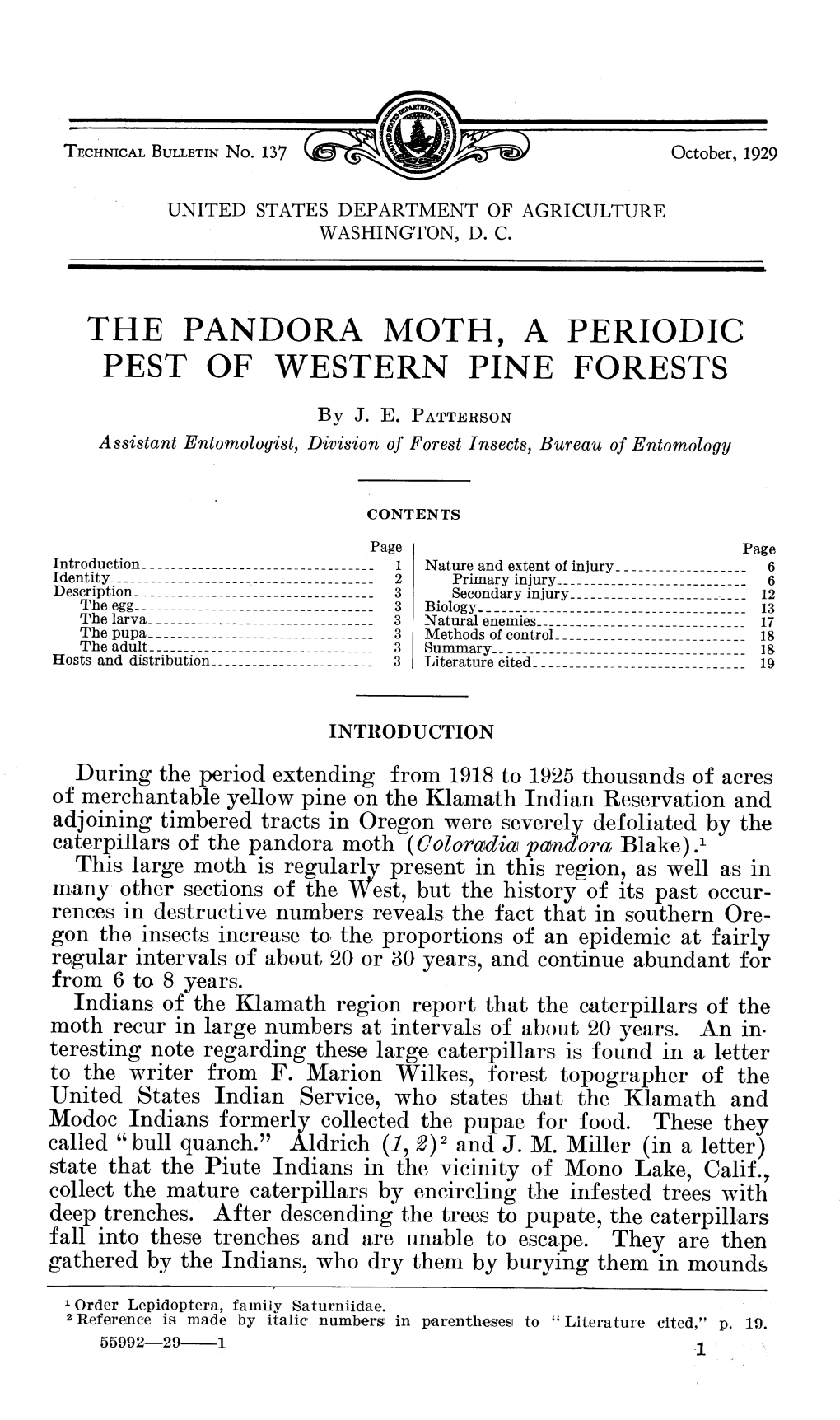 The Pandora Moth, a Periodic Pest of Western Pine Forests