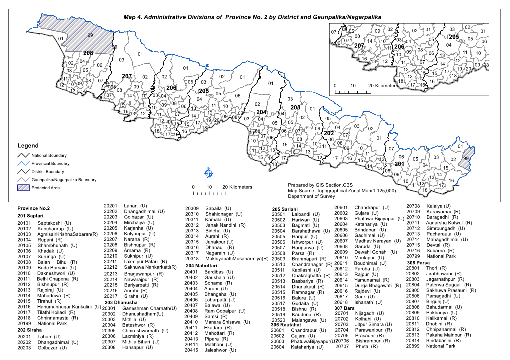 208 201 207 205 203 202 206 204 Map 4. Administrative Divisions of Province No. 2 by District and Gaunpalika/Nagarpalika Legend