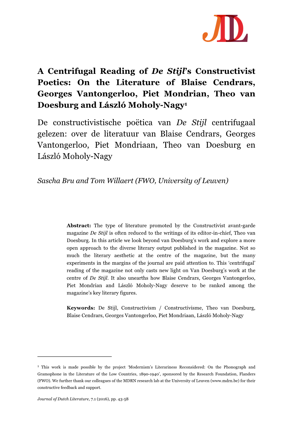 A Centrifugal Reading of De Stijl's Constructivist Poetics