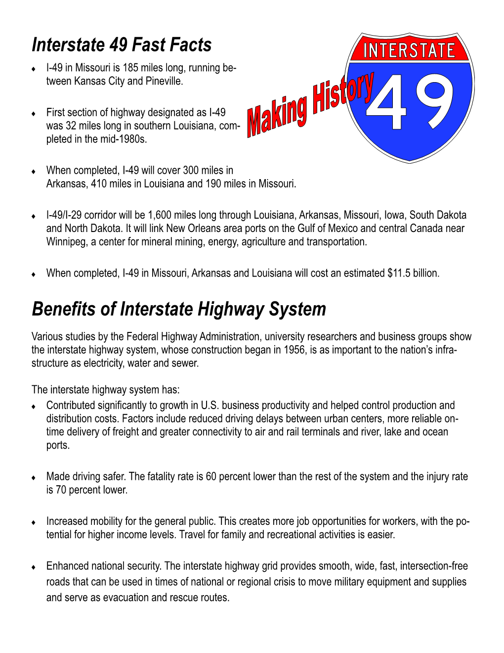 Interstate 49 Fast Facts Benefits of Interstate Highway System