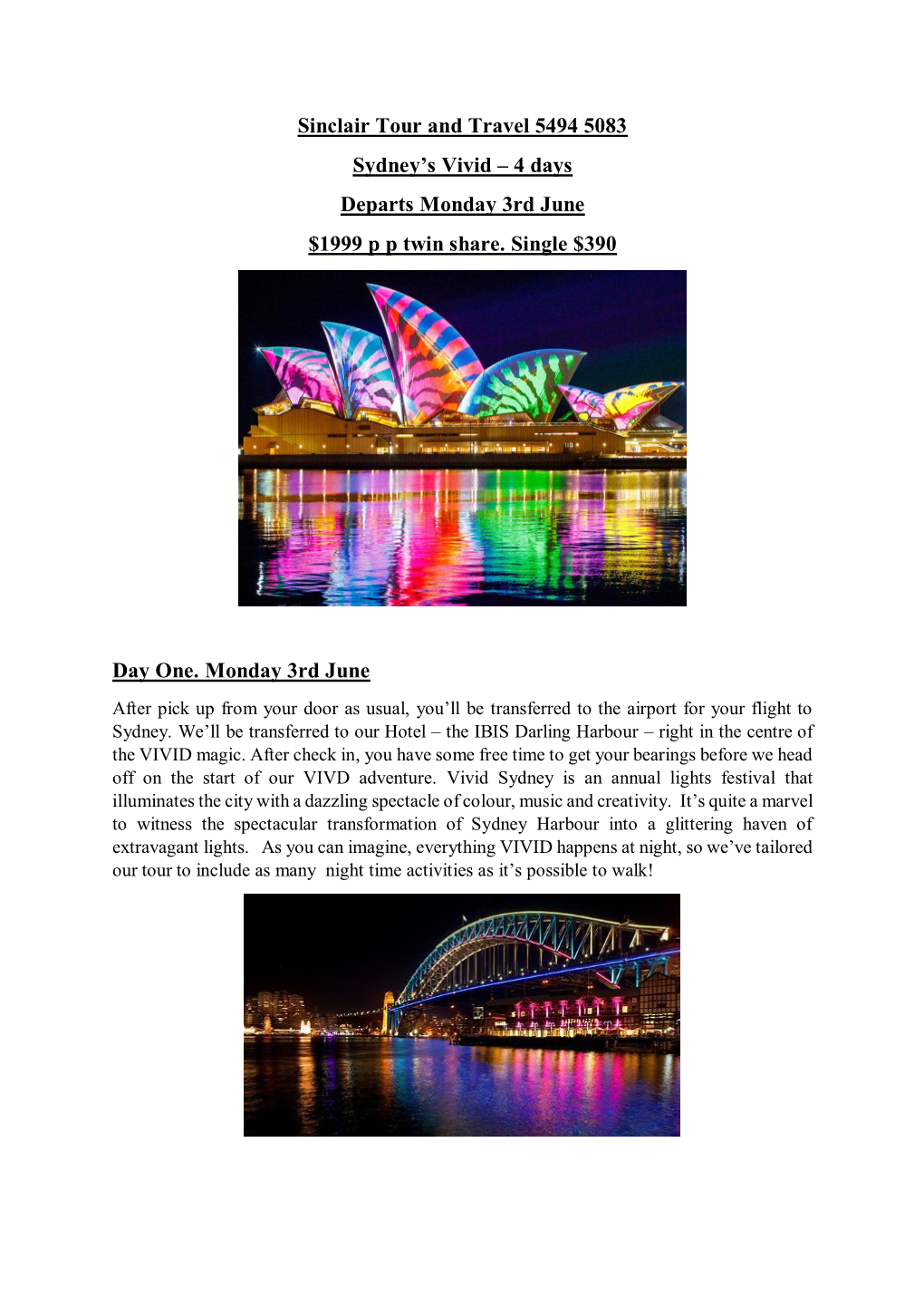 Sinclair Tour and Travel 5494 5083 Sydney's Vivid – 4 Days Departs