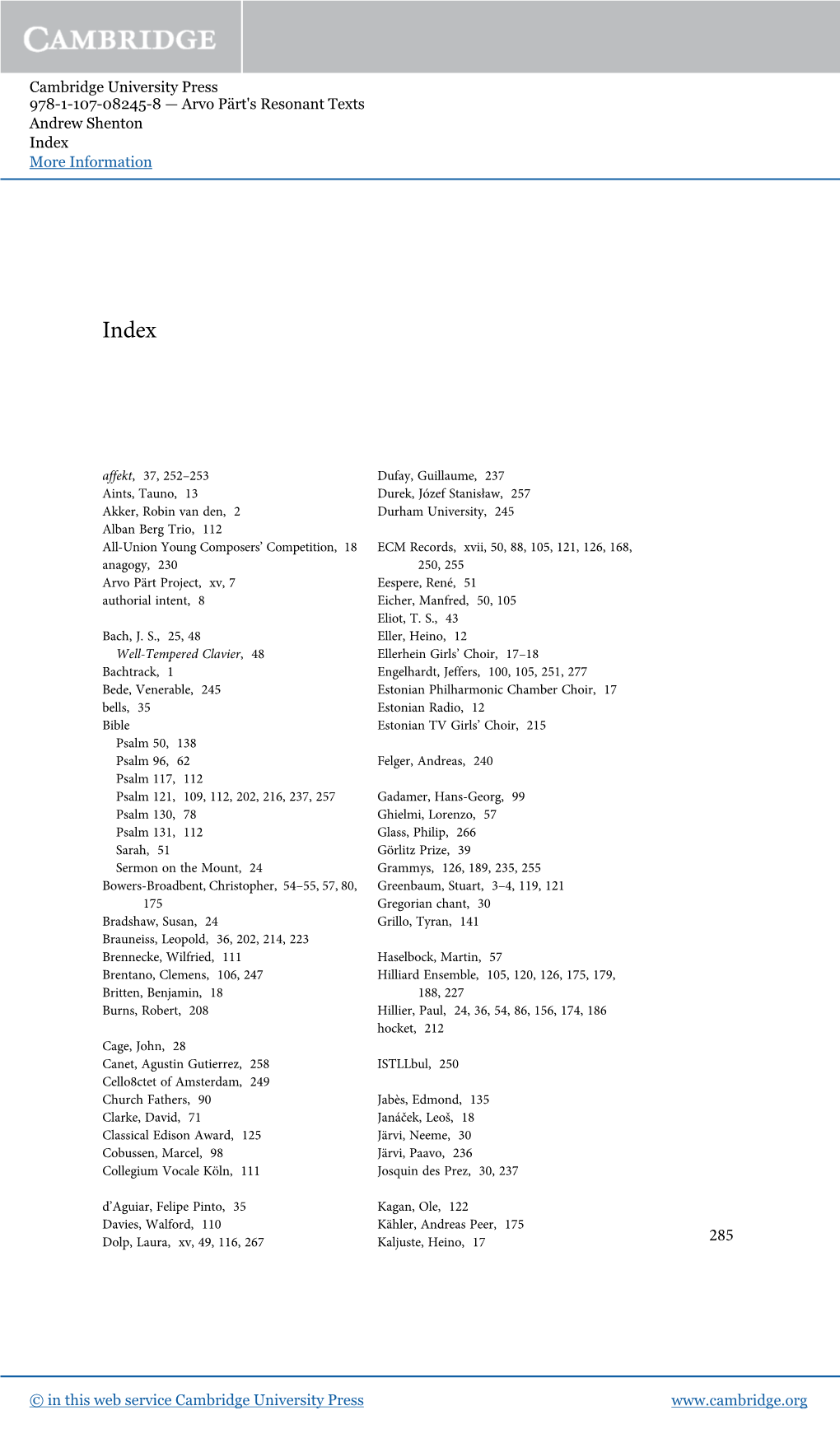 Arvo Pärt's Resonant Texts Andrew Shenton Index More Information