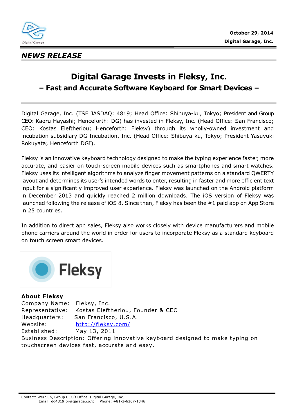 Digital Garage Invests in Fleksy, Inc. – Fast and Accurate Software Keyboard for Smart Devices –