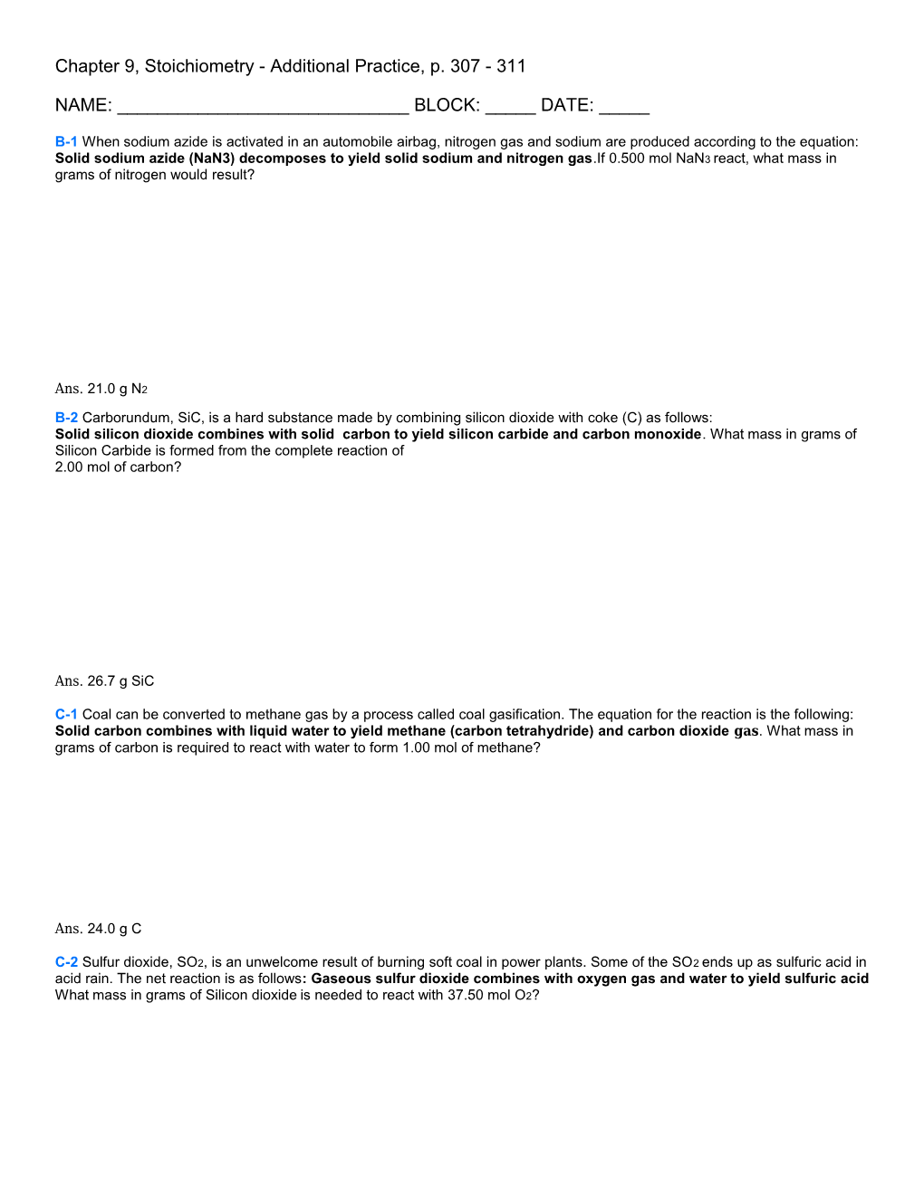 Chapter 9, Stoichiometry - Additional Practice, P. 307 - 311