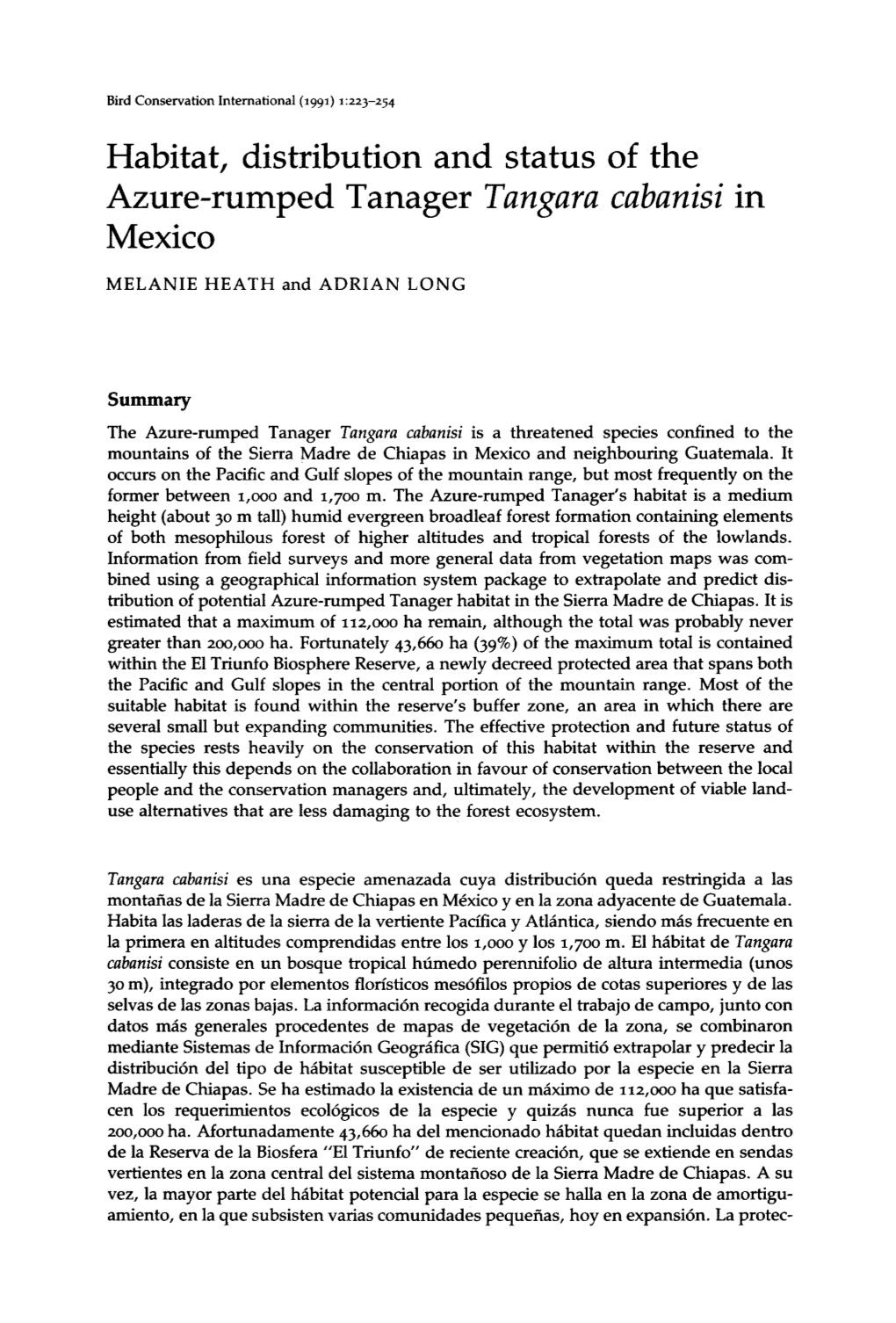Habitat, Distribution and Status of the Azure-Rumped Tanager Tangara Cabanisi in Mexico