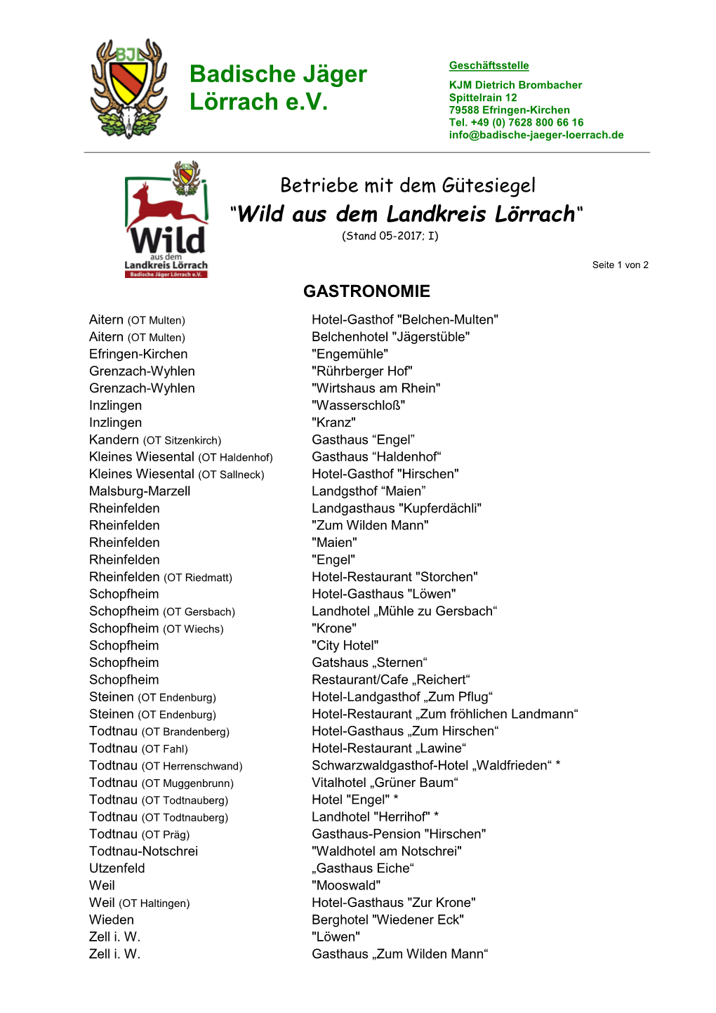 Wild Aus Dem Landkreis Lörrach “ (Stand 05-2017; I)