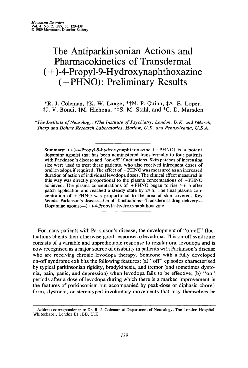 The Antiparkinsonian Actions and Pharmacokinetics of Transdermal (+