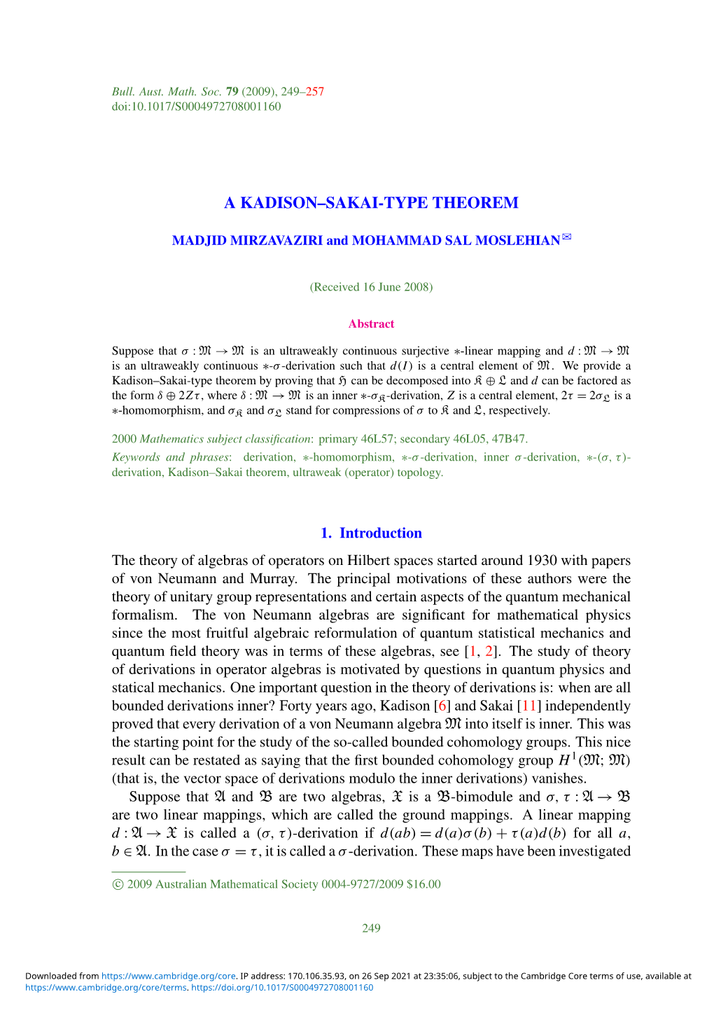 A Kadison–Sakai-Type Theorem