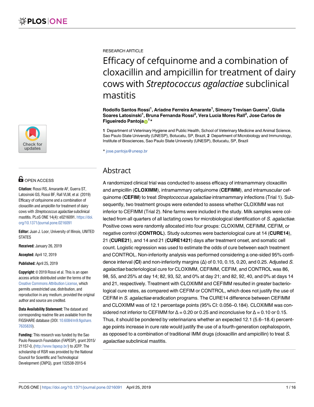 Efficacy of Cefquinome and a Combination of Cloxacillin and Ampicillin for Treatment of Dairy Cows with Streptococcus Agalactiae Subclinical Mastitis