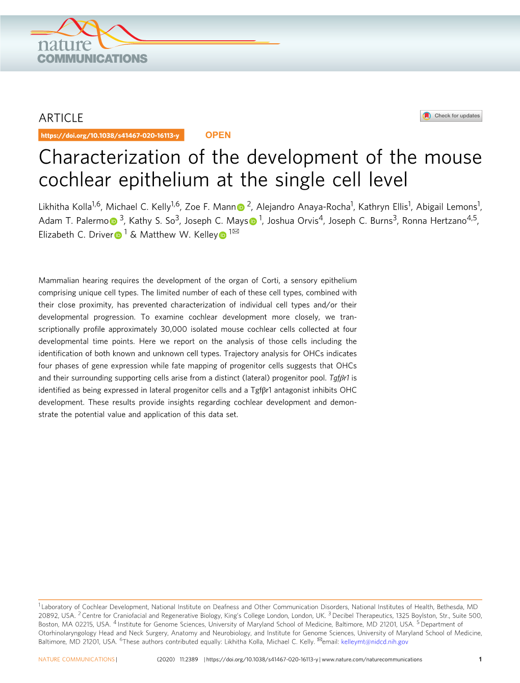 Characterization of the Development of the Mouse Cochlear Epithelium at the Single Cell Level