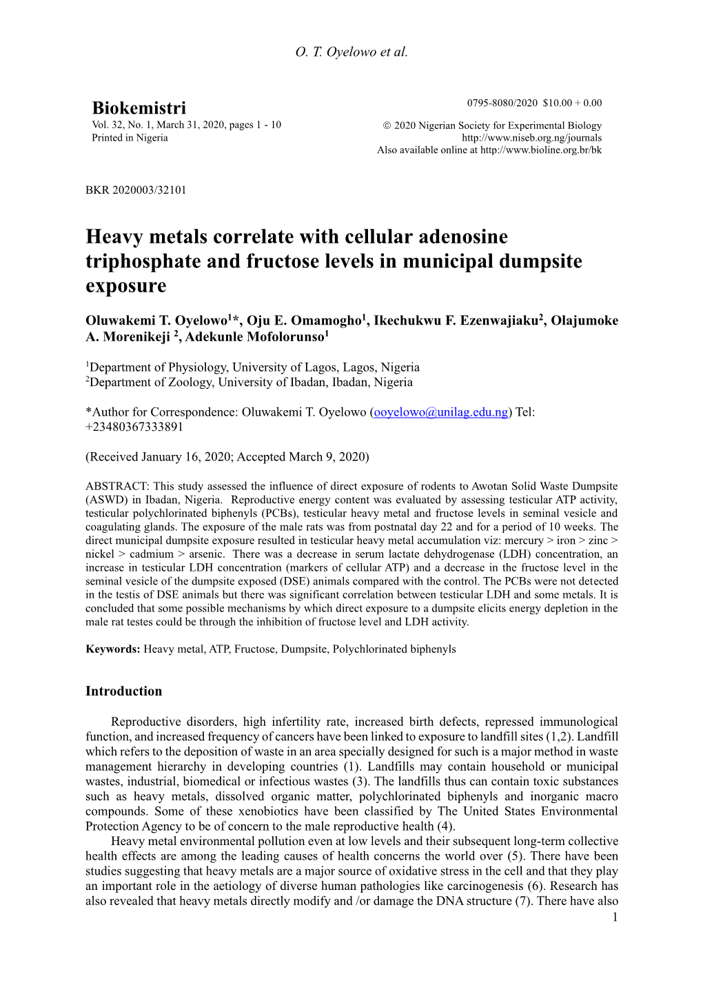 Heavy Metals Correlate with Cellular Adenosine Triphosphate and Fructose Levels in Municipal Dumpsite Exposure