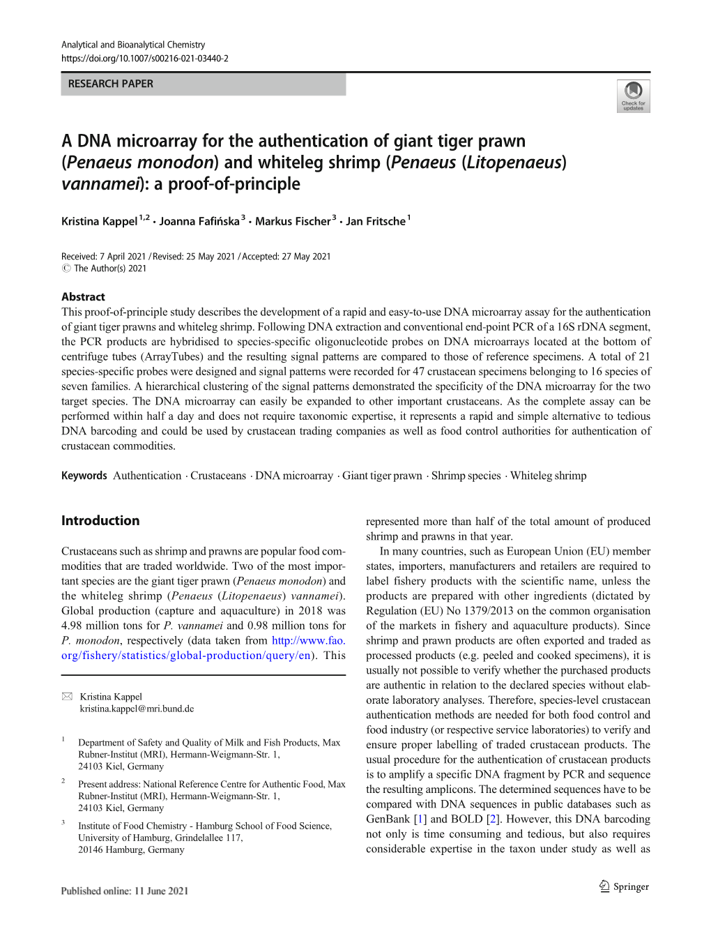 And Whiteleg Shrimp (Penaeus (Litopenaeus) Vannamei): a Proof-Of-Principle