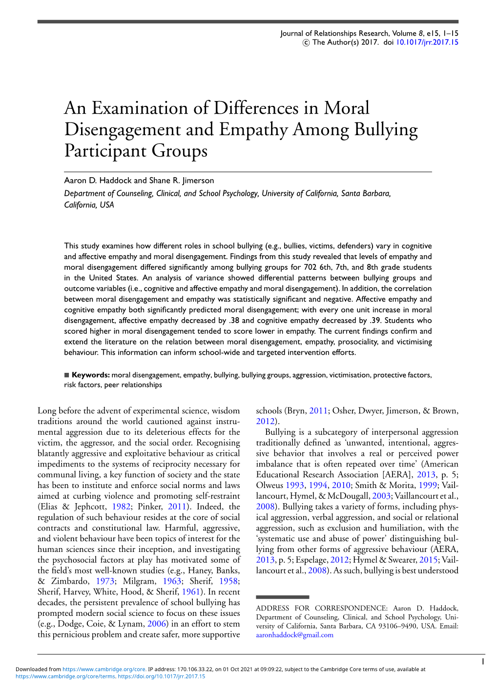 An Examination of Differences in Moral Disengagement and Empathy Among Bullying Participant Groups