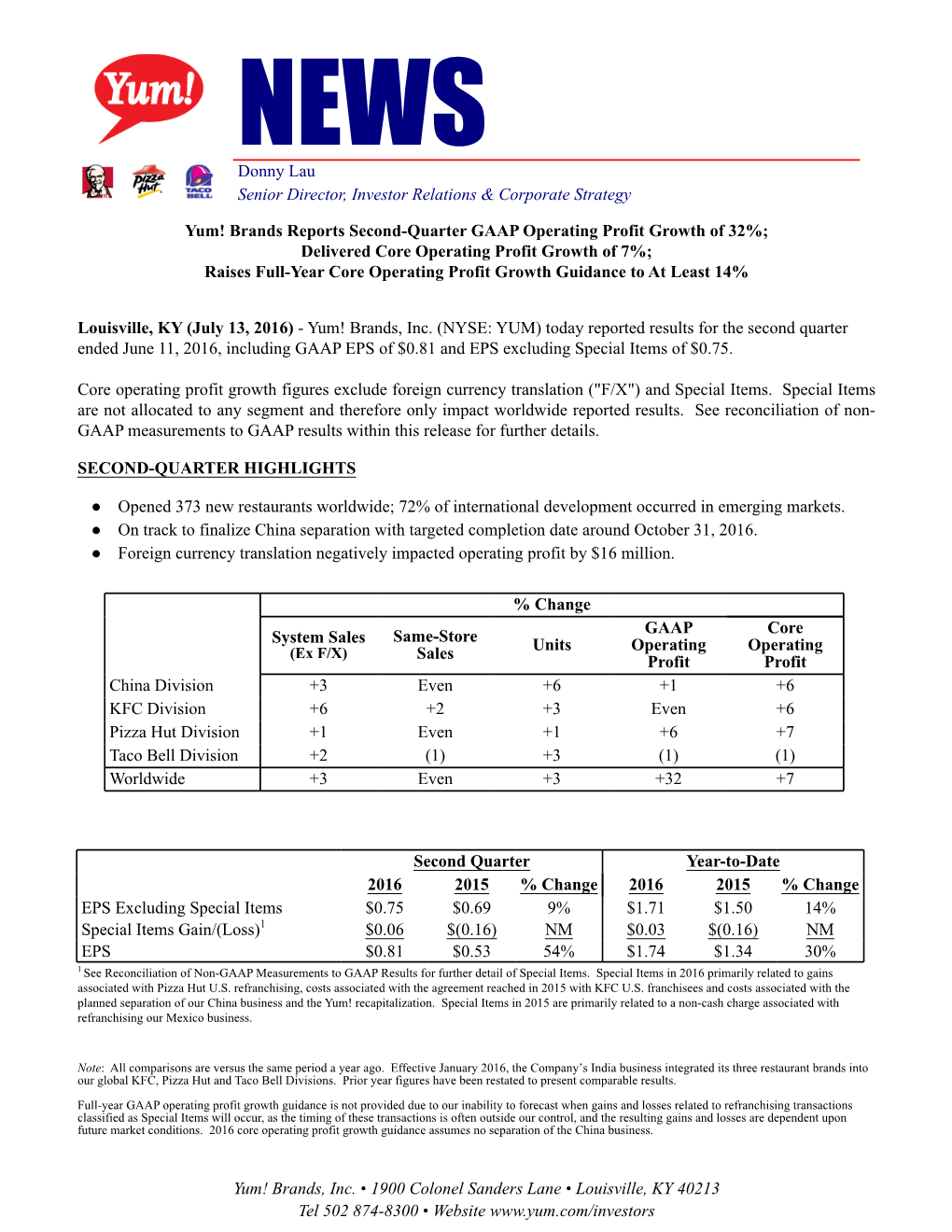 Yum! Brands Reports Second-Quarter GAAP Operating Profit Growth of 32