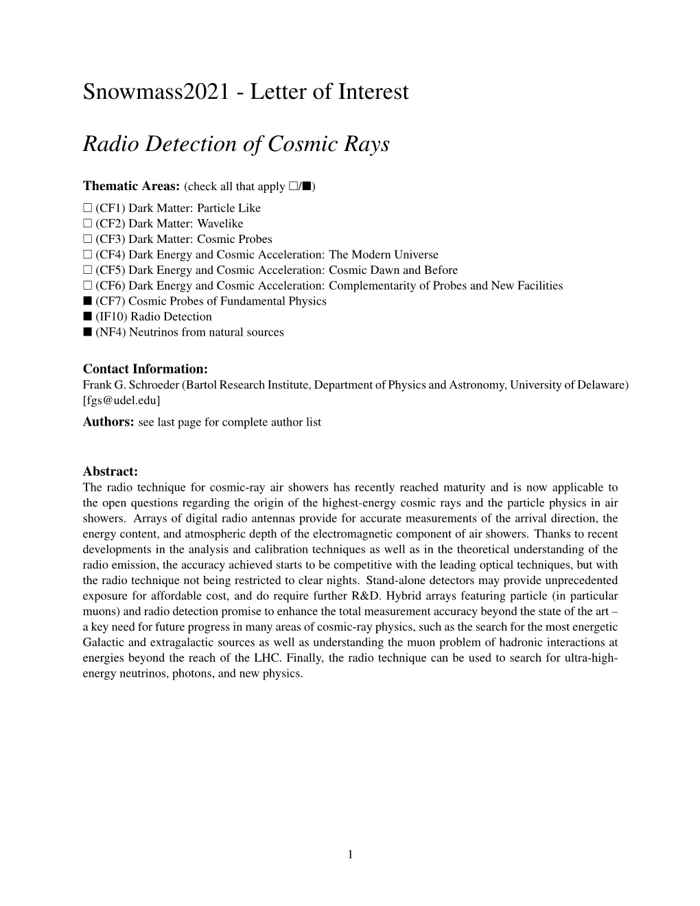 Letter of Interest Radio Detection of Cosmic Rays