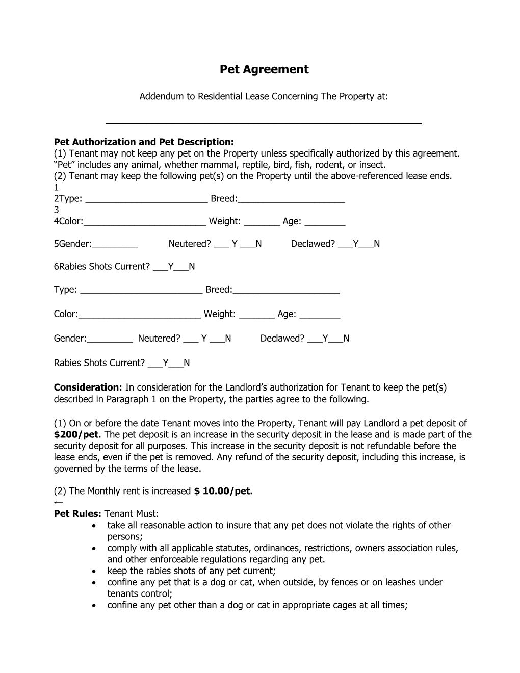 Microsoft Word - Pet Agreement.Doc