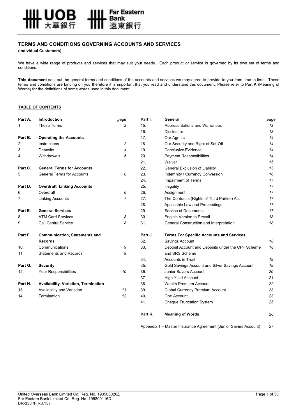 TERMS and CONDITIONS GOVERNING ACCOUNTS and SERVICES (Individual Customers)