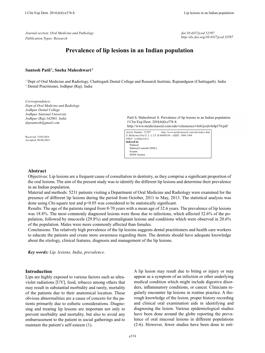 Prevalence of Lip Lesions in an Indian Population