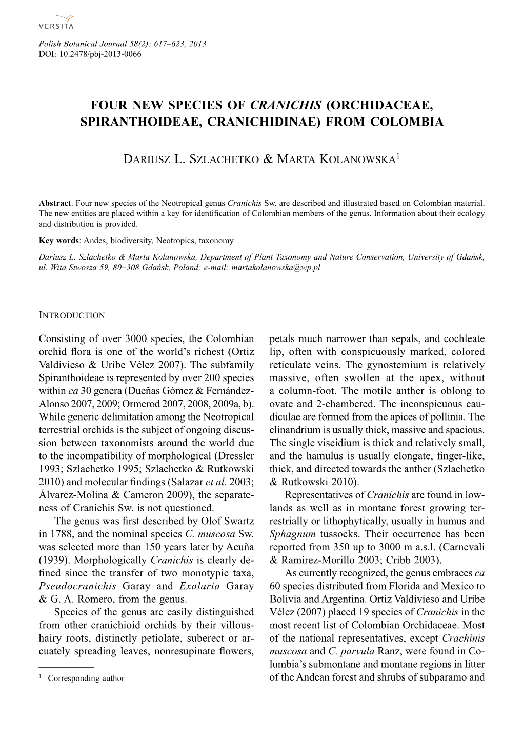 Four New Species of Cranichis (Orchidaceae, Spiranthoideae, Cranichidinae) from Colombia