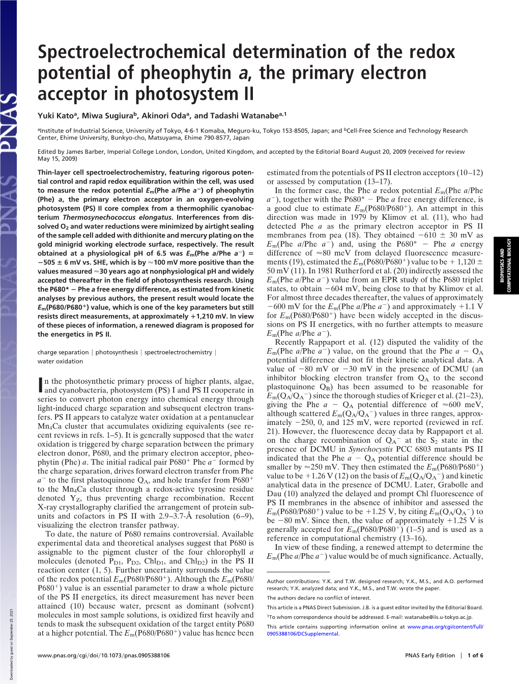 Spectroelectrochemical Determination of the Redox Potential of Pheophytin A, the Primary Electron Acceptor in Photosystem II