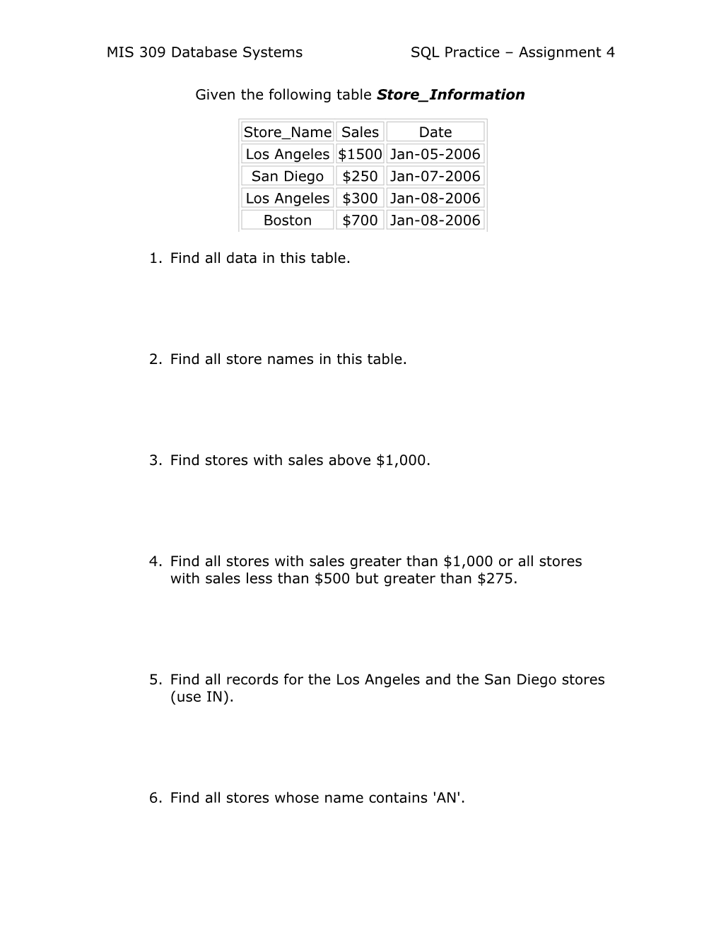 MIS 309 Database Systems SQL Practice Assignment 4