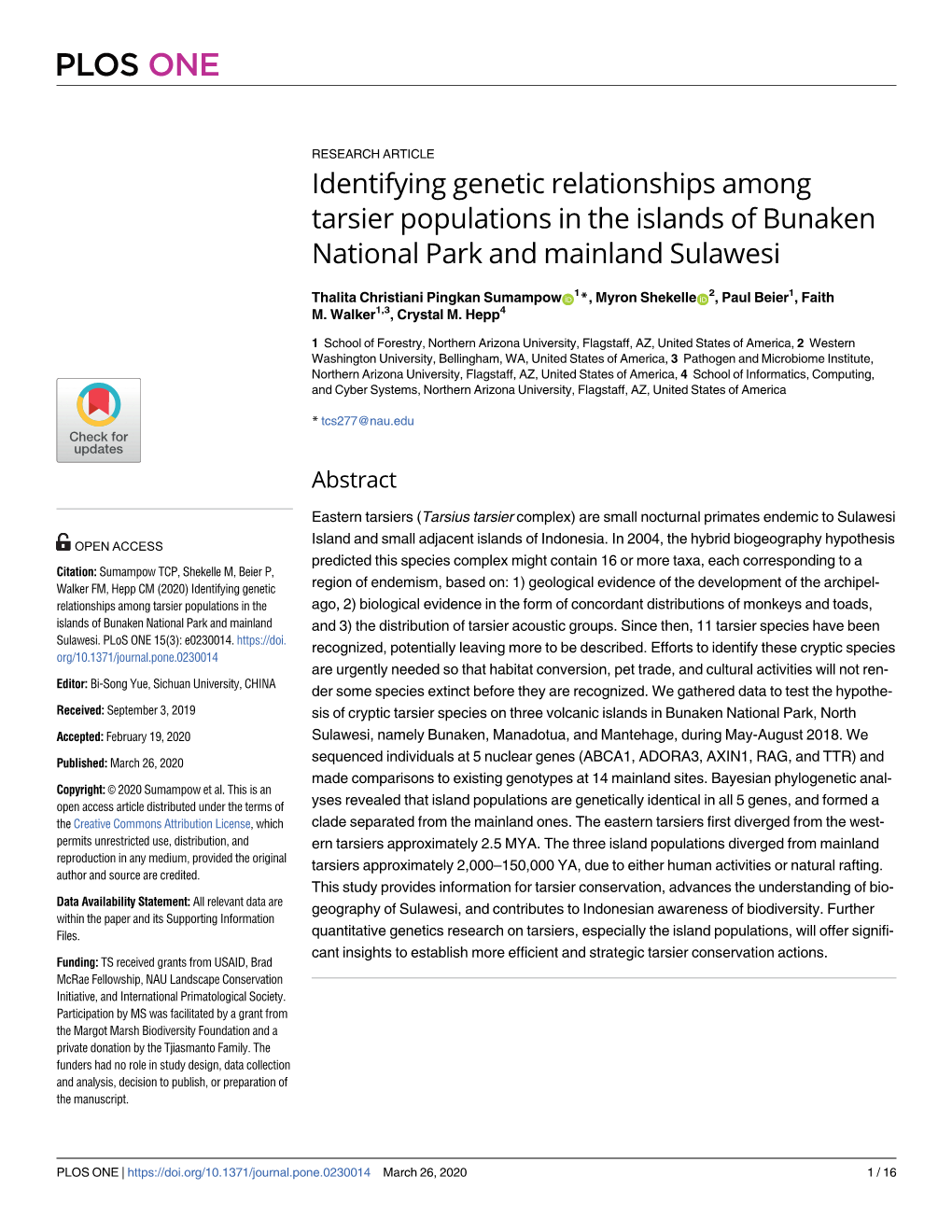 Identifying Genetic Relationships Among Tarsier Populations in the Islands of Bunaken National Park and Mainland Sulawesi