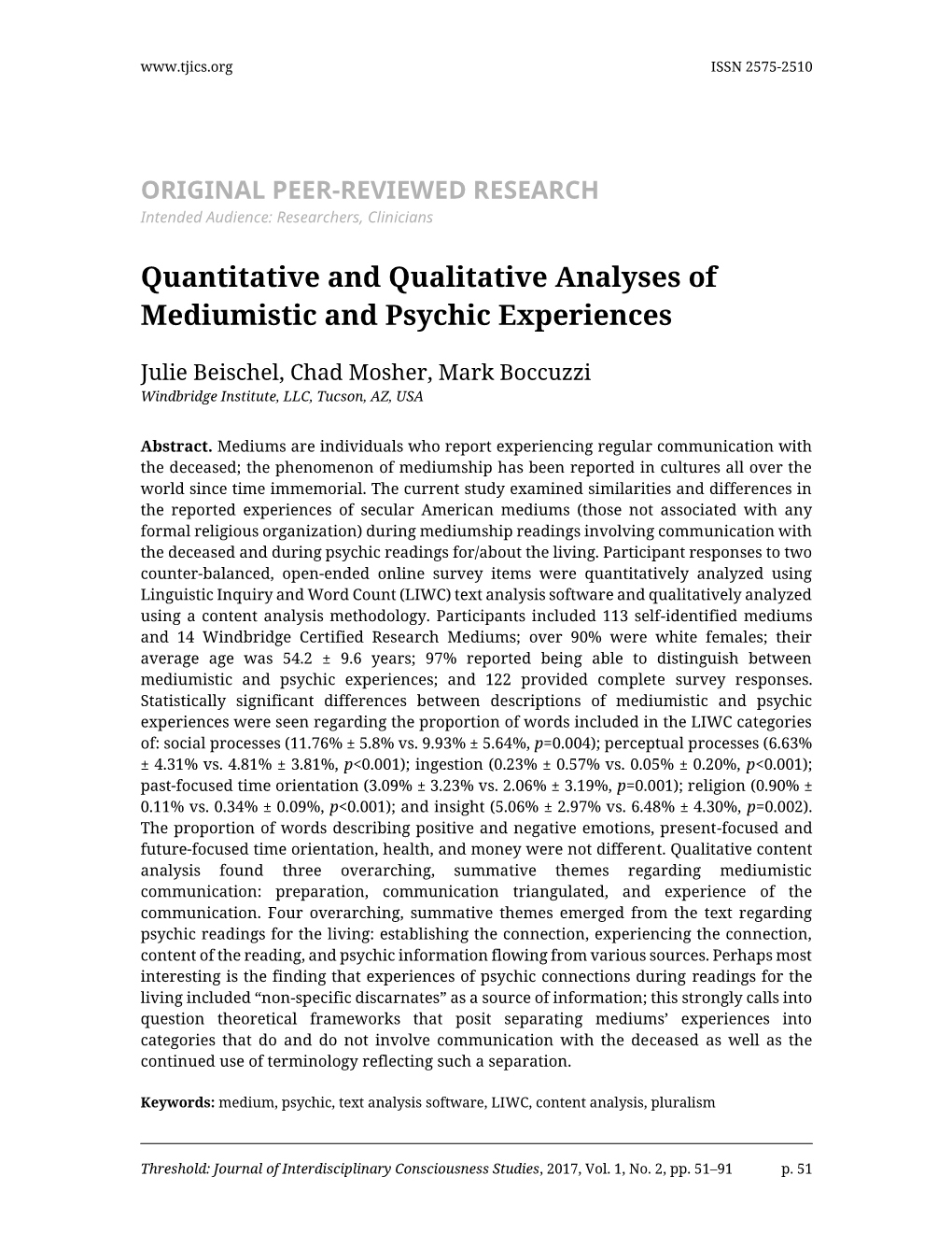 Quantitative and Qualitative Analyses of Mediumistic and Psychic Experiences