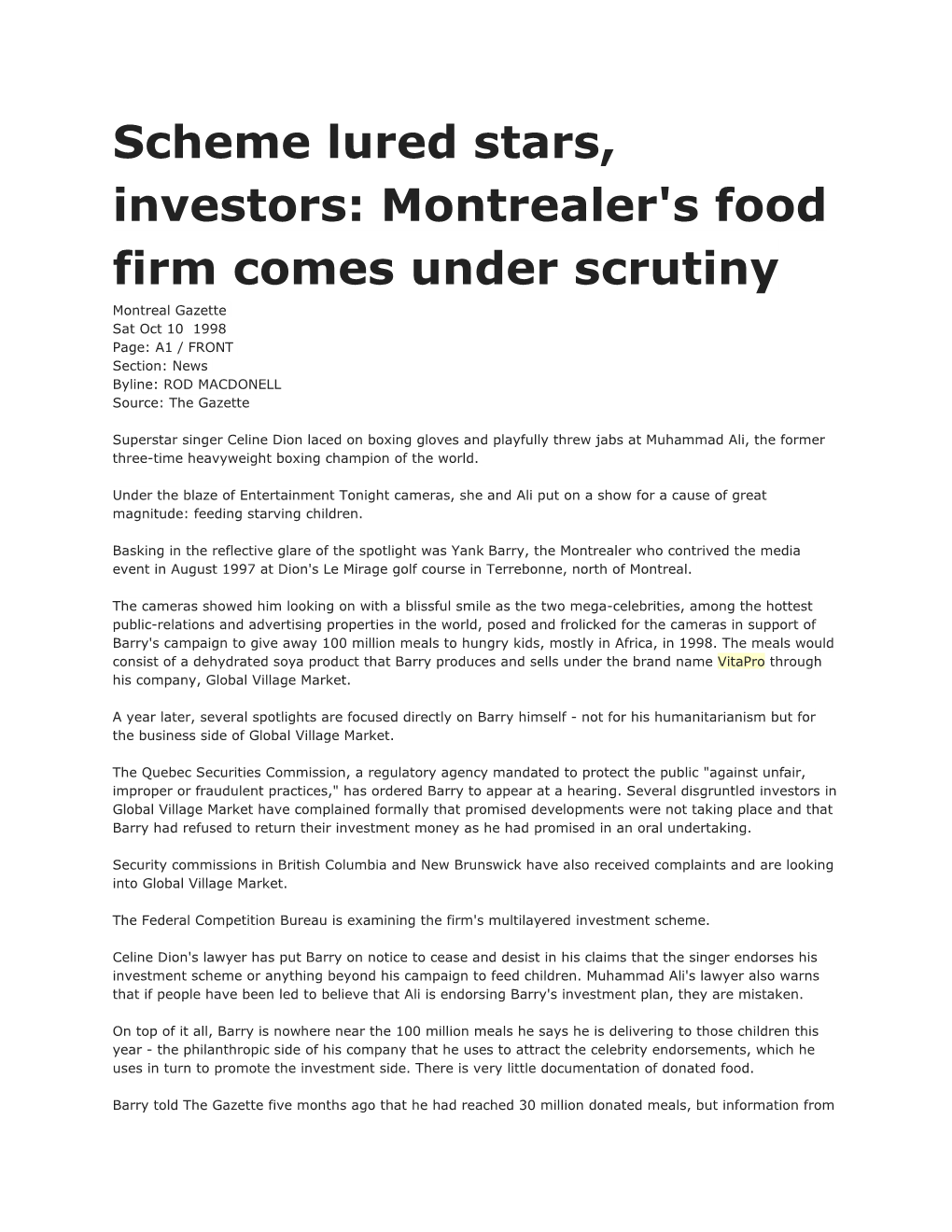 Scheme Lured Stars, Investors: Montrealer's Food Firm Comes Under