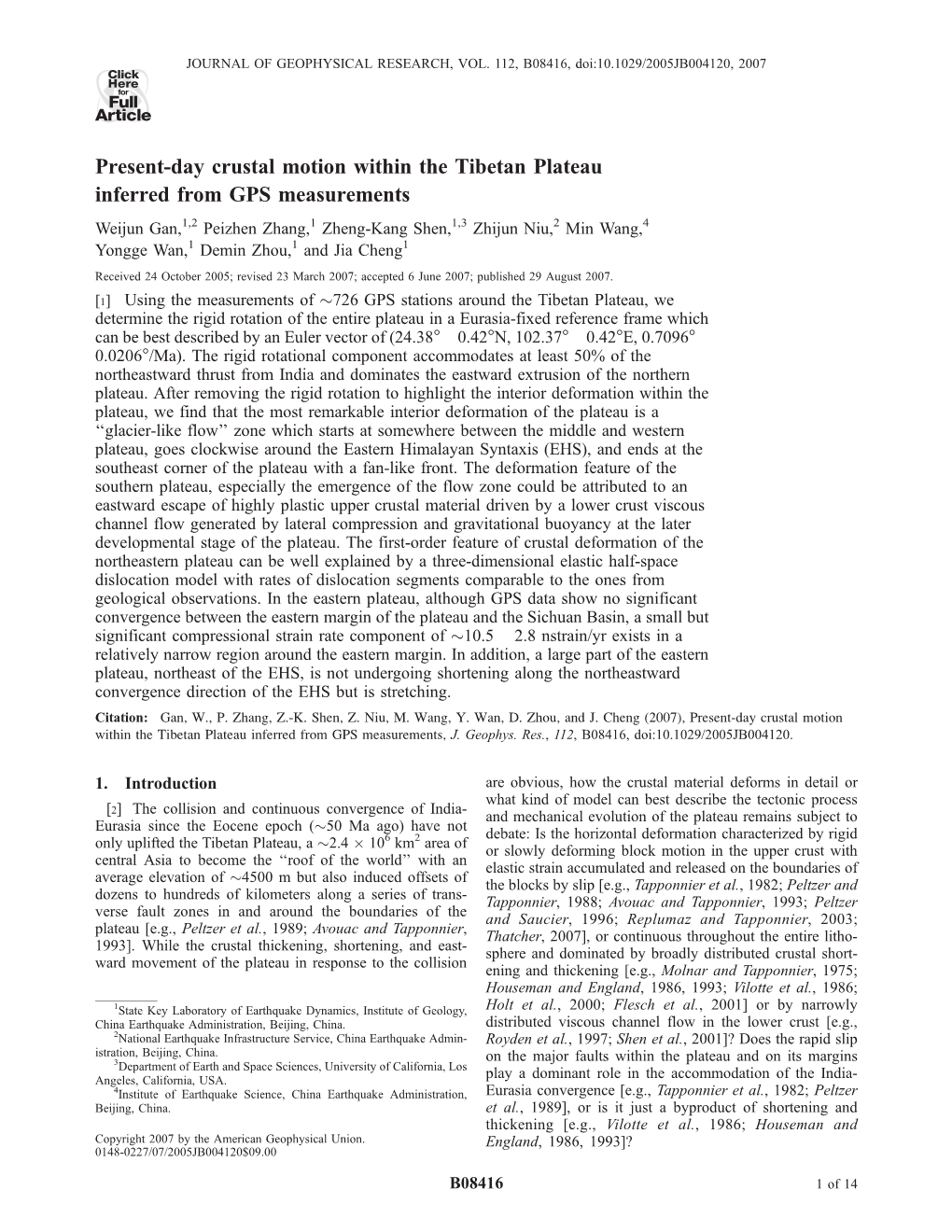 Present-Day Crustal Motion Within the Tibetan Plateau Inferred from GPS