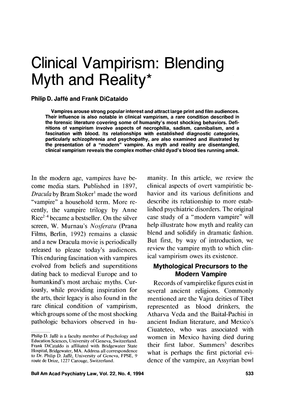 Clinical Vampirism: Blending Myth and Reality*