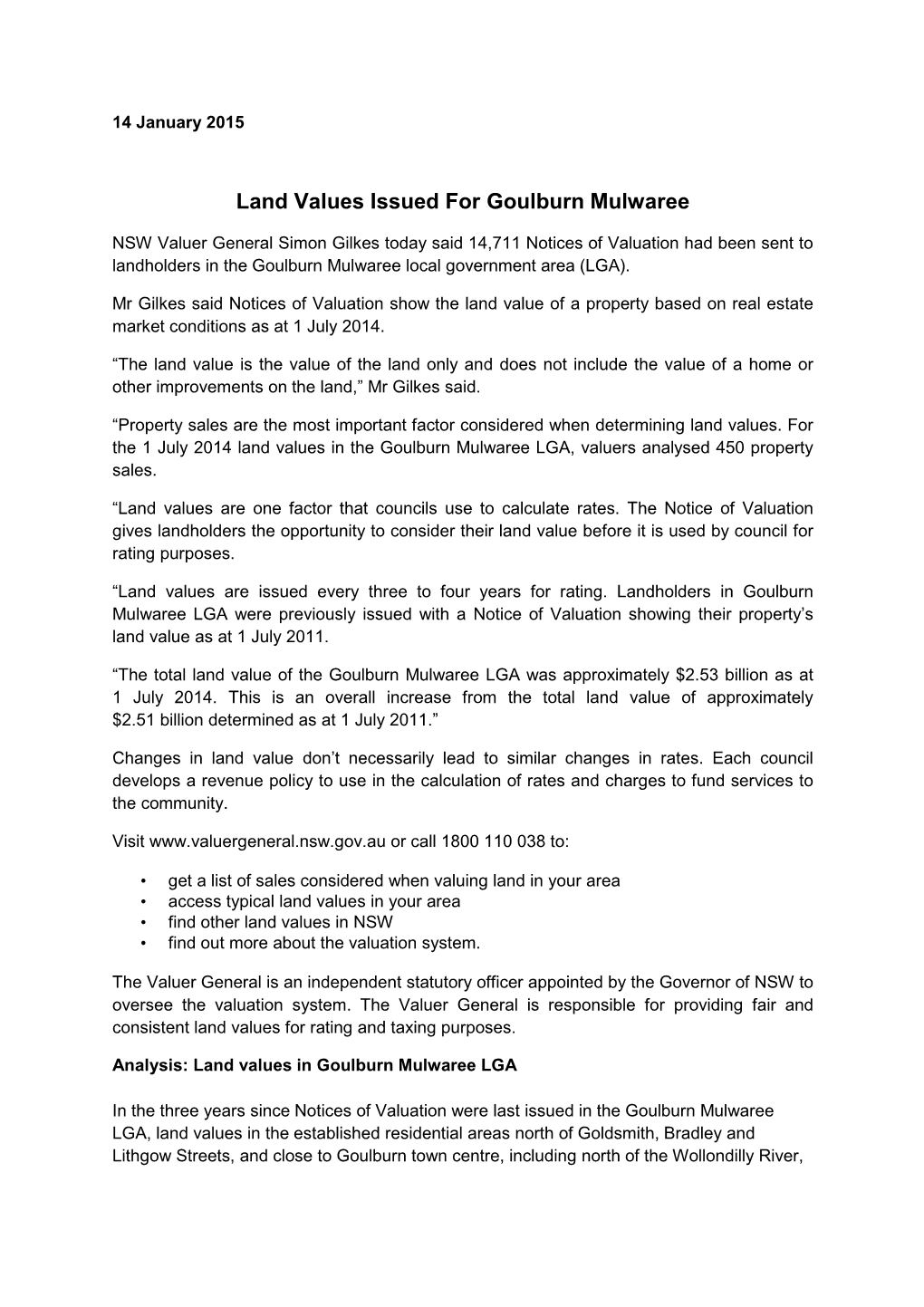 14 January 2015 Land Values Issued for Goulburn Mulwaree