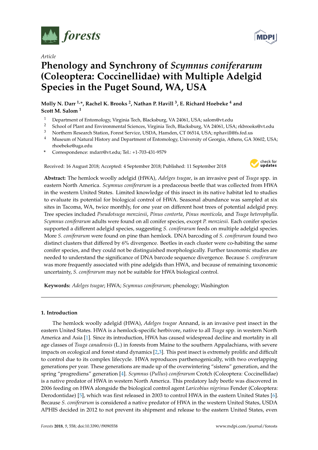 Phenology and Synchrony of Scymnus Coniferarum (Coleoptera: Coccinellidae) with Multiple Adelgid Species in the Puget Sound, WA, USA