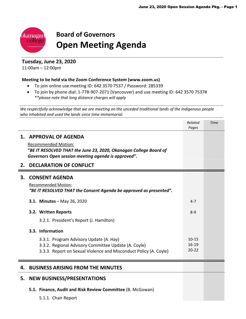 Board of Governors Open Meeting Agenda