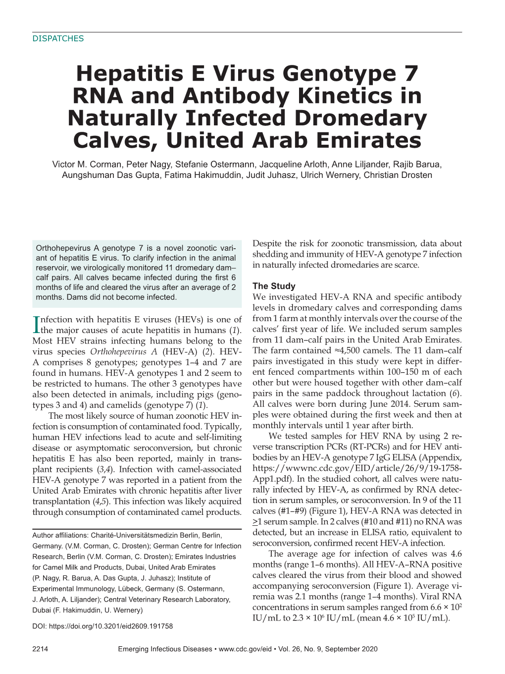 Hepatitis E Virus Genotype 7 RNA and Antibody Kinetics in Naturally Infected Dromedary Calves, United Arab Emirates Victor M