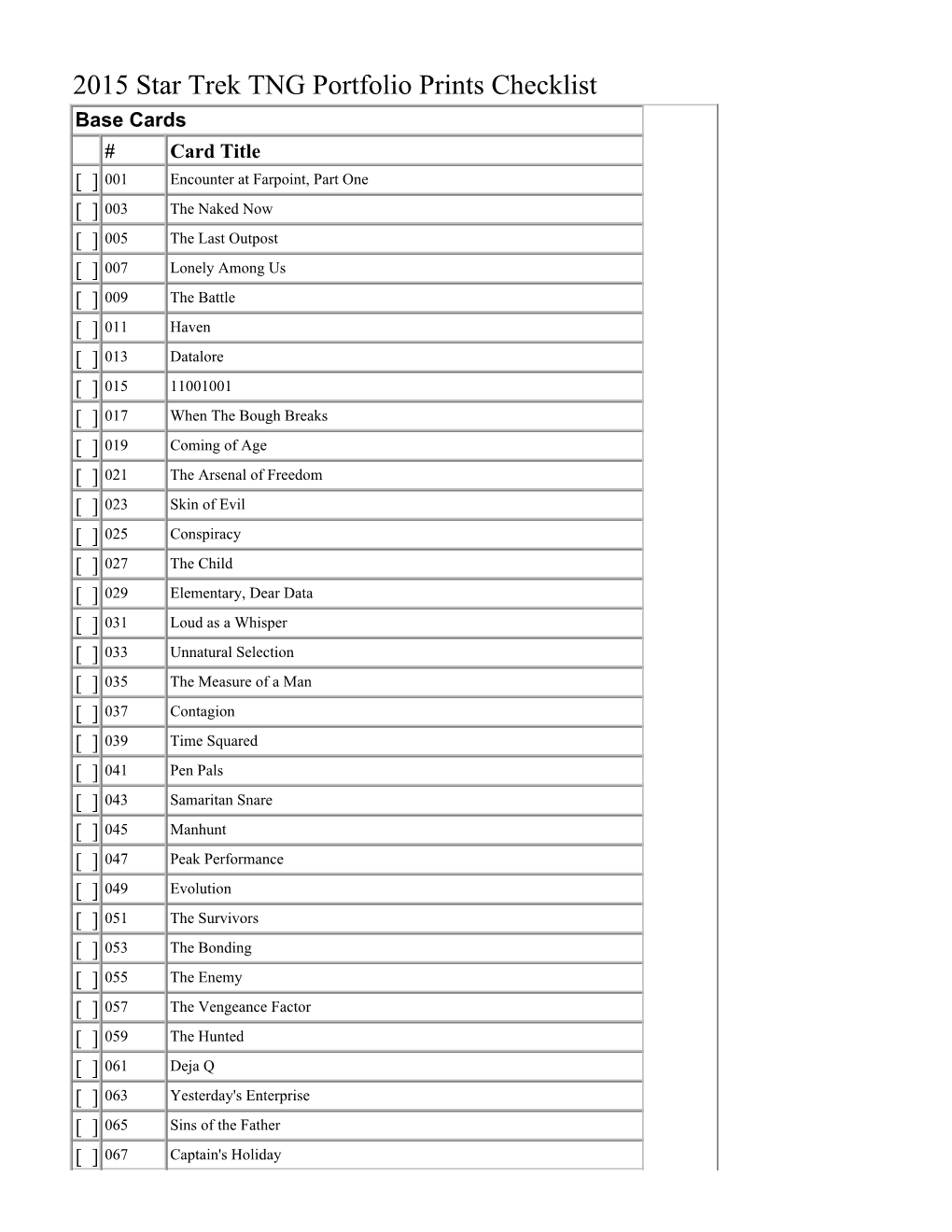 2015 Star Trek TNG Portfolio Prints Checklist