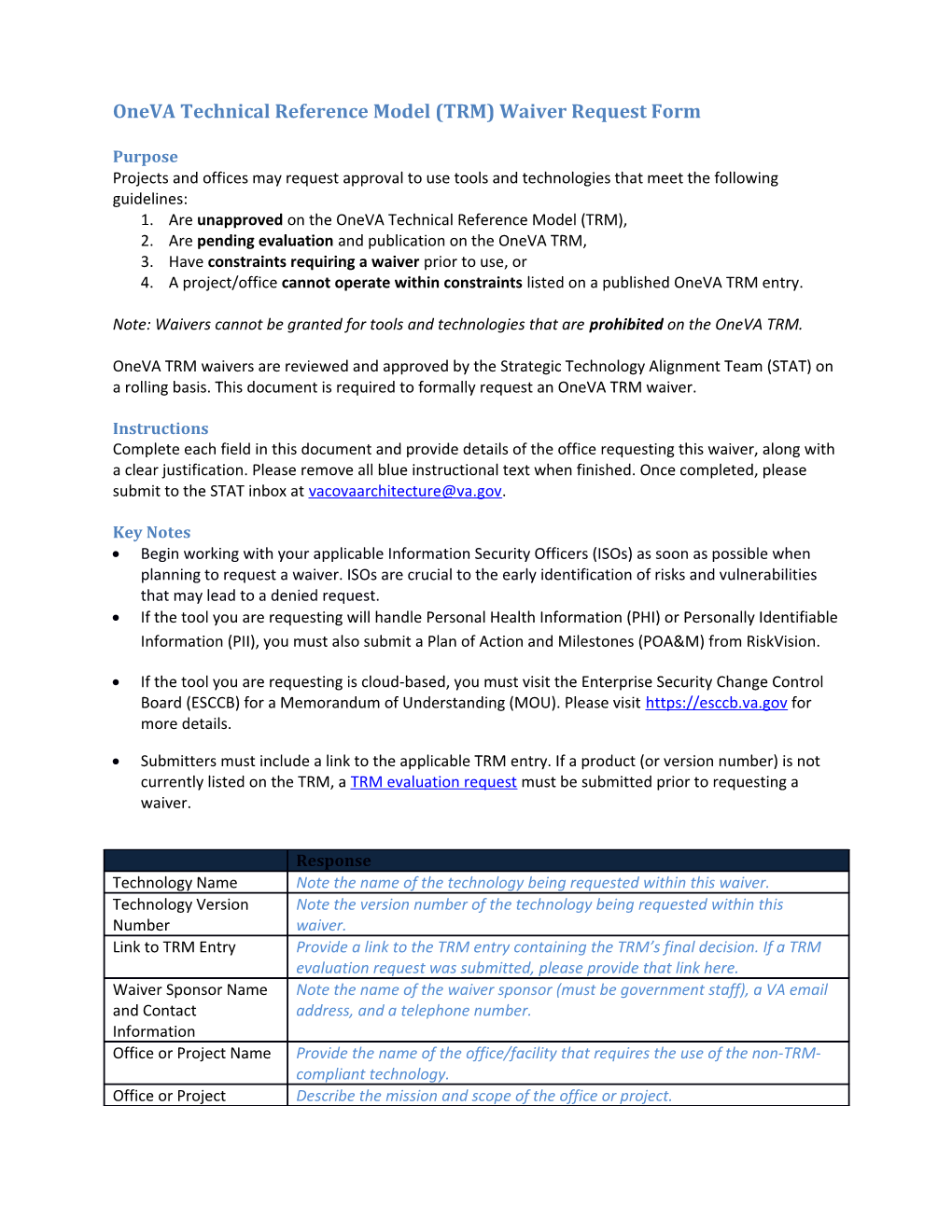 Oneva Technical Reference Model (TRM) Waiver Request Form