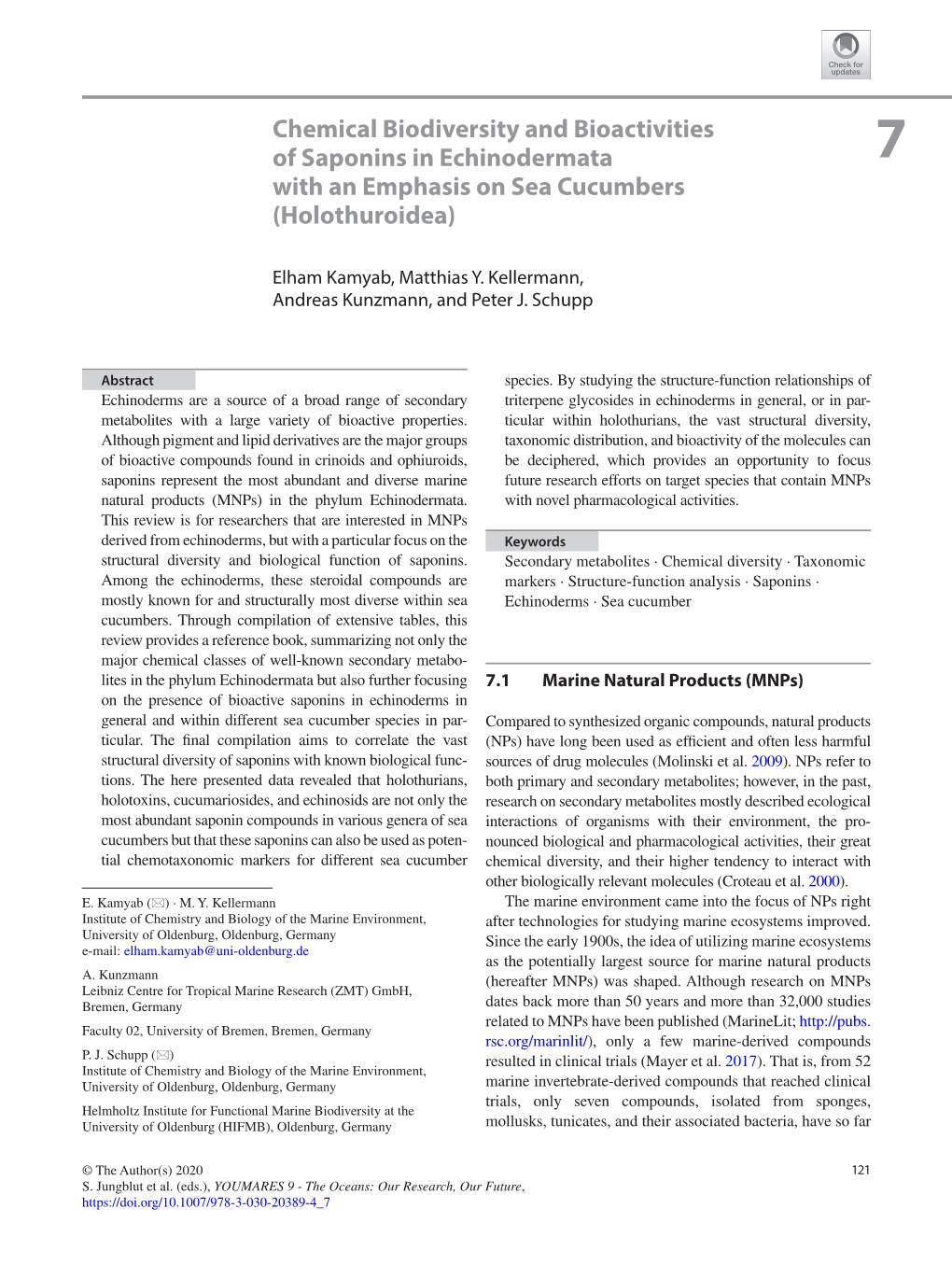 Chemical Biodiversity and Bioactivities of Saponins in Echinodermata 7 with an Emphasis on Sea Cucumbers (Holothuroidea)