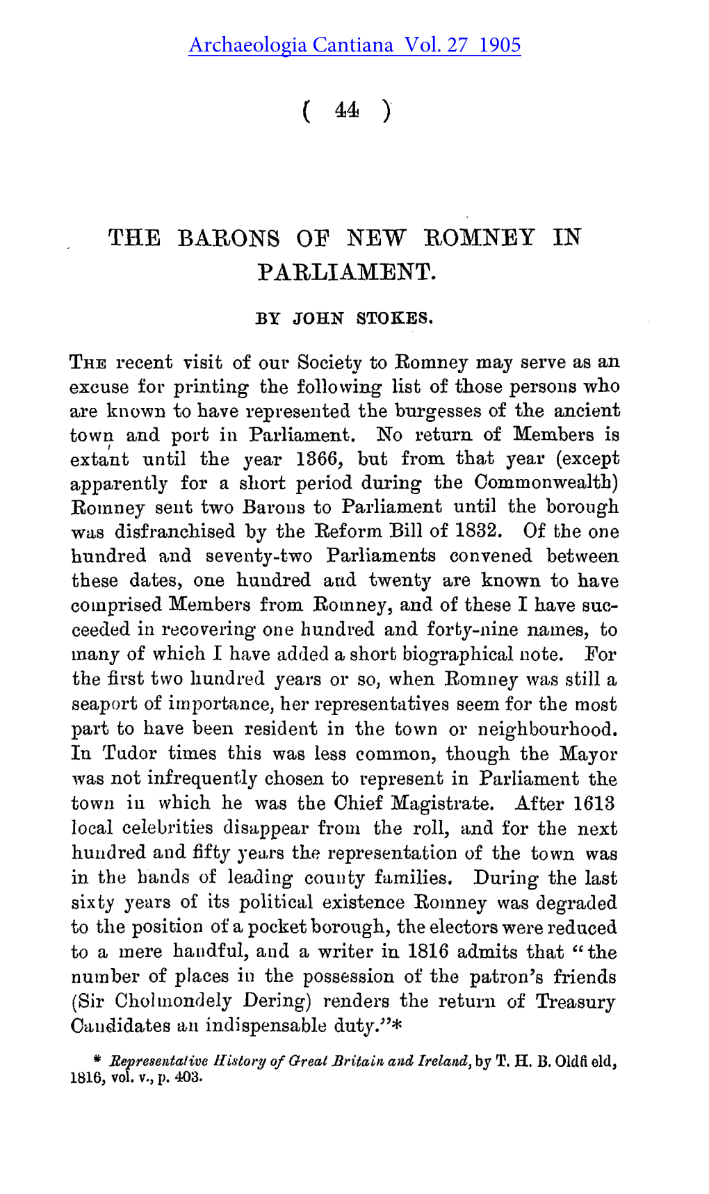 The Barons of New Romney in Parliament