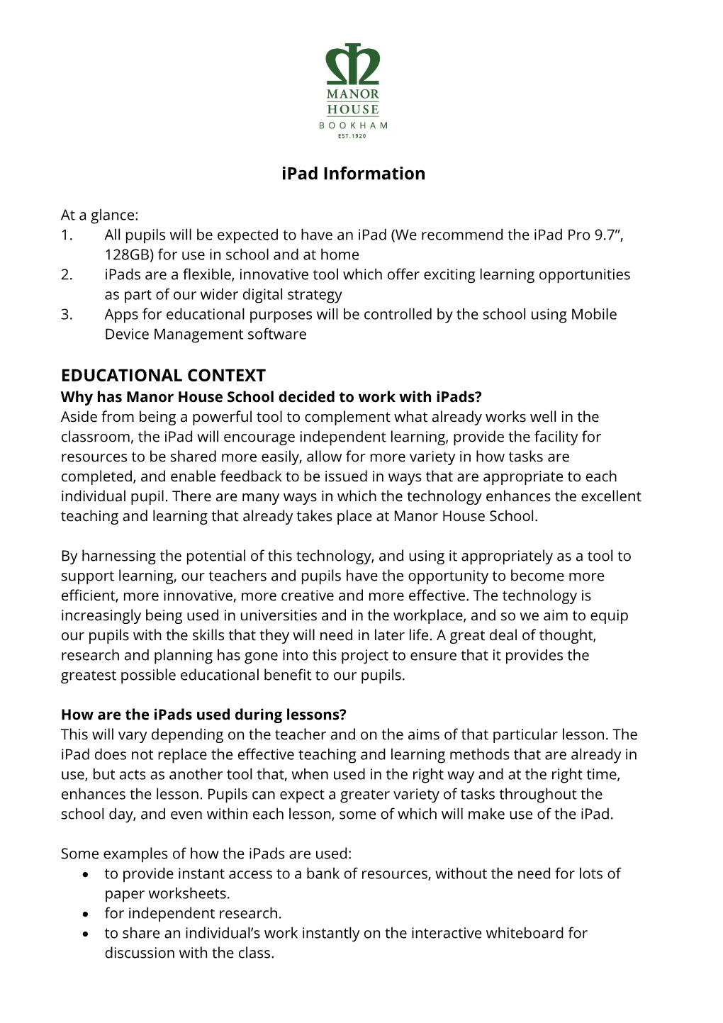 Ipad Information Pack and Policy
