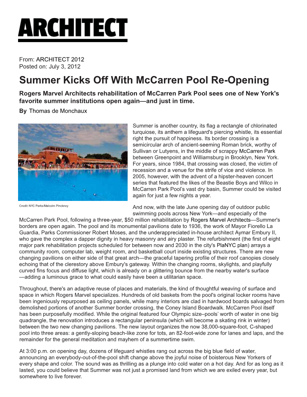 Rogers Marvel Architects Rehabilitation of Mccarren Park Pool Sees One of New York's Favorite Summer Institutions Open Again—And Just in Time